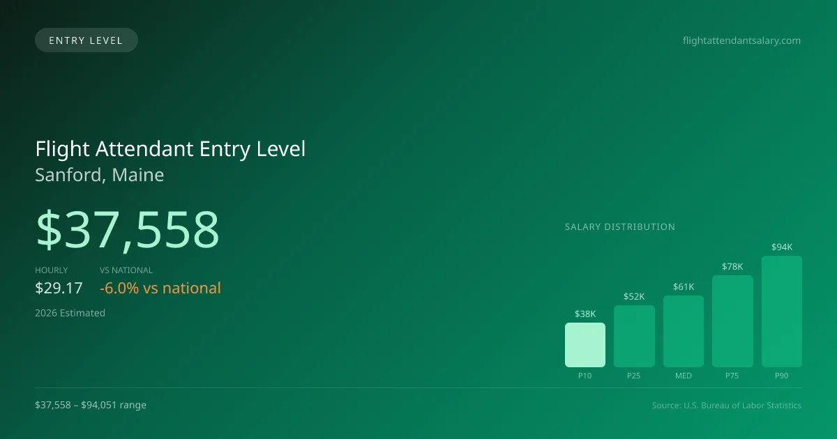Flight Attendant Entry Level Salary in Sanford, ME — 2026 est., based on 2025 BLS