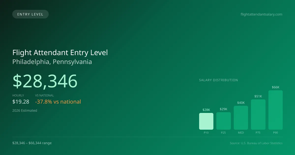Flight Attendant Entry Level Salary in Philadelphia, PA — 2026 est., based on 2025 BLS