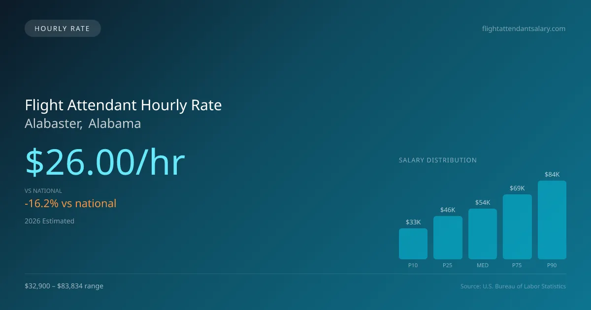 Flight Attendant Hourly Rate in Alabaster, AL — 2026 est., based on 2025 BLS
