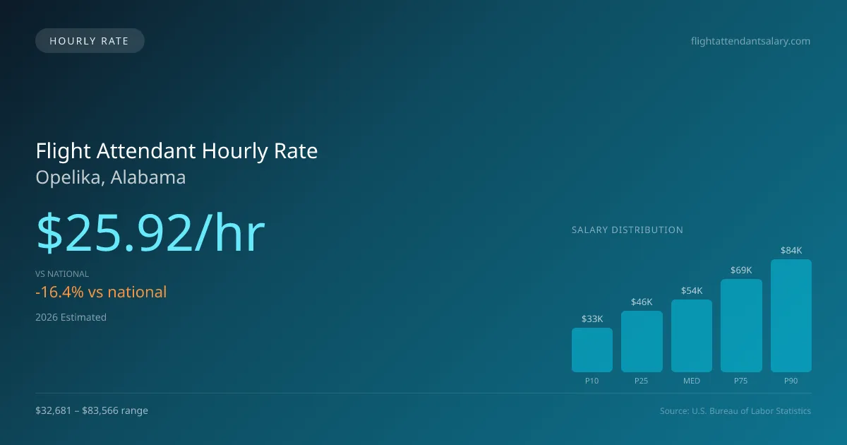 Flight Attendant Hourly Rate in Opelika, AL — 2026 est., based on 2025 BLS