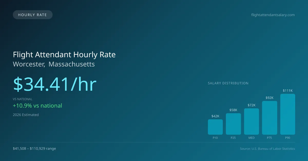 Flight Attendant Hourly Rate in Worcester, MA — 2026 est., based on 2025 BLS