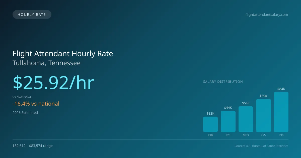 Flight Attendant Hourly Rate in Tullahoma, TN — 2026 est., based on 2025 BLS