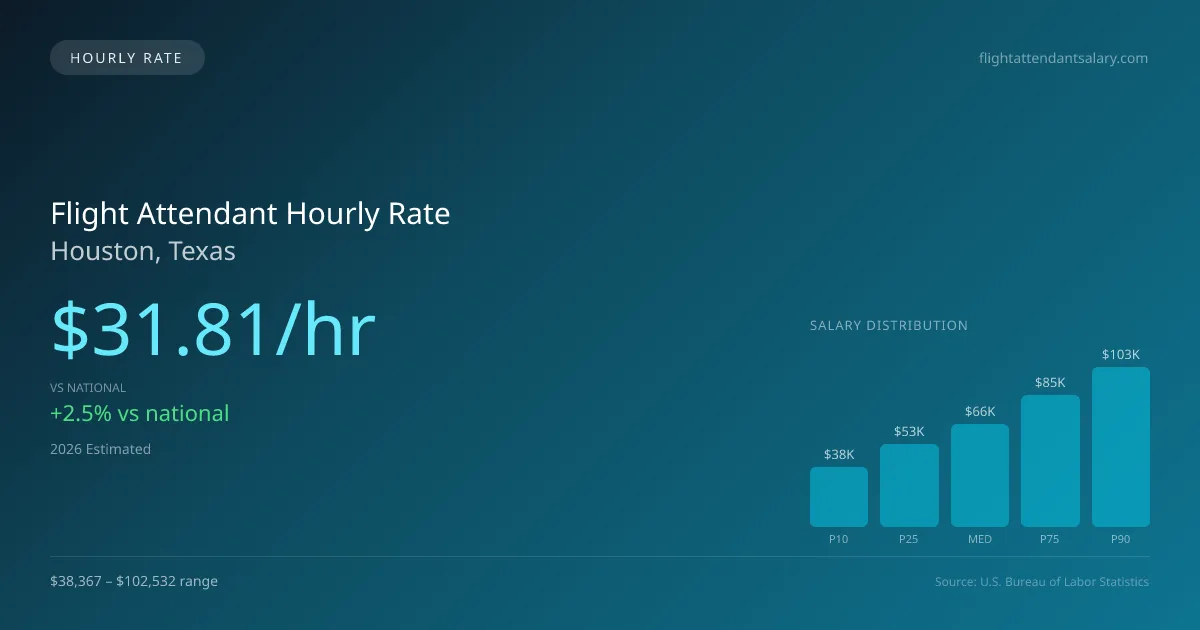 Flight Attendant Hourly Rate in Houston, TX — 2026 est., based on 2025 BLS