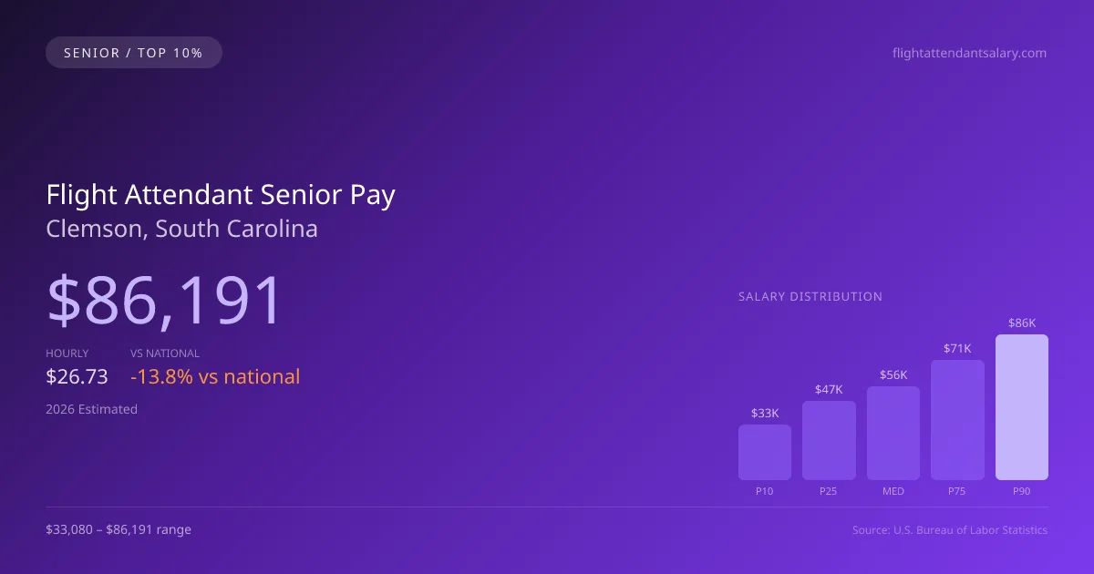 Flight Attendant Senior Salary in Clemson, SC — 2026 est., based on 2025 BLS