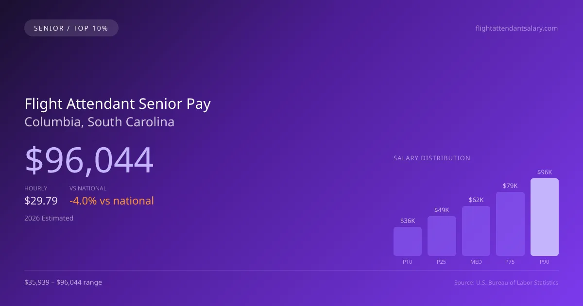 Flight Attendant Senior Salary in Columbia, SC — 2026 est., based on 2025 BLS