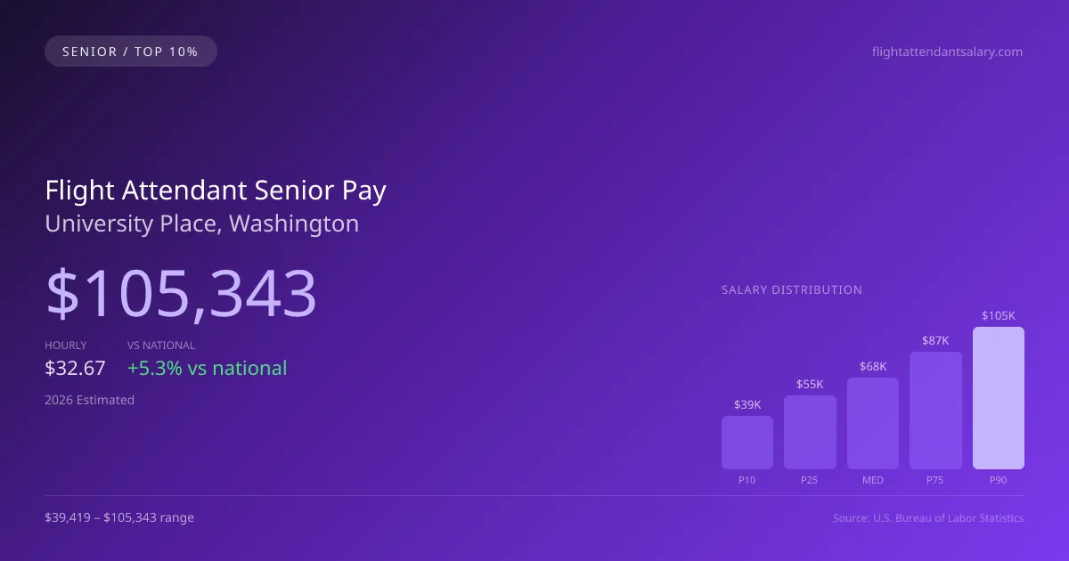 Flight Attendant Senior Salary in University Place, WA — 2026 est., based on 2025 BLS