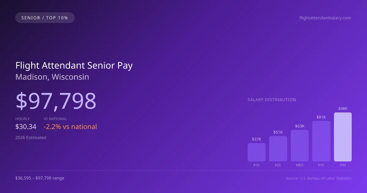 Flight Attendant Senior Salary in Madison, WI — 2026 est., based on 2025 BLS